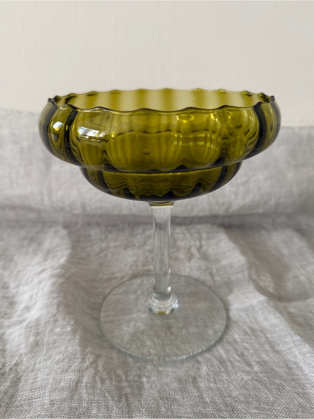 Olive Green Glass Compote Bowl from Empoli, Italy.